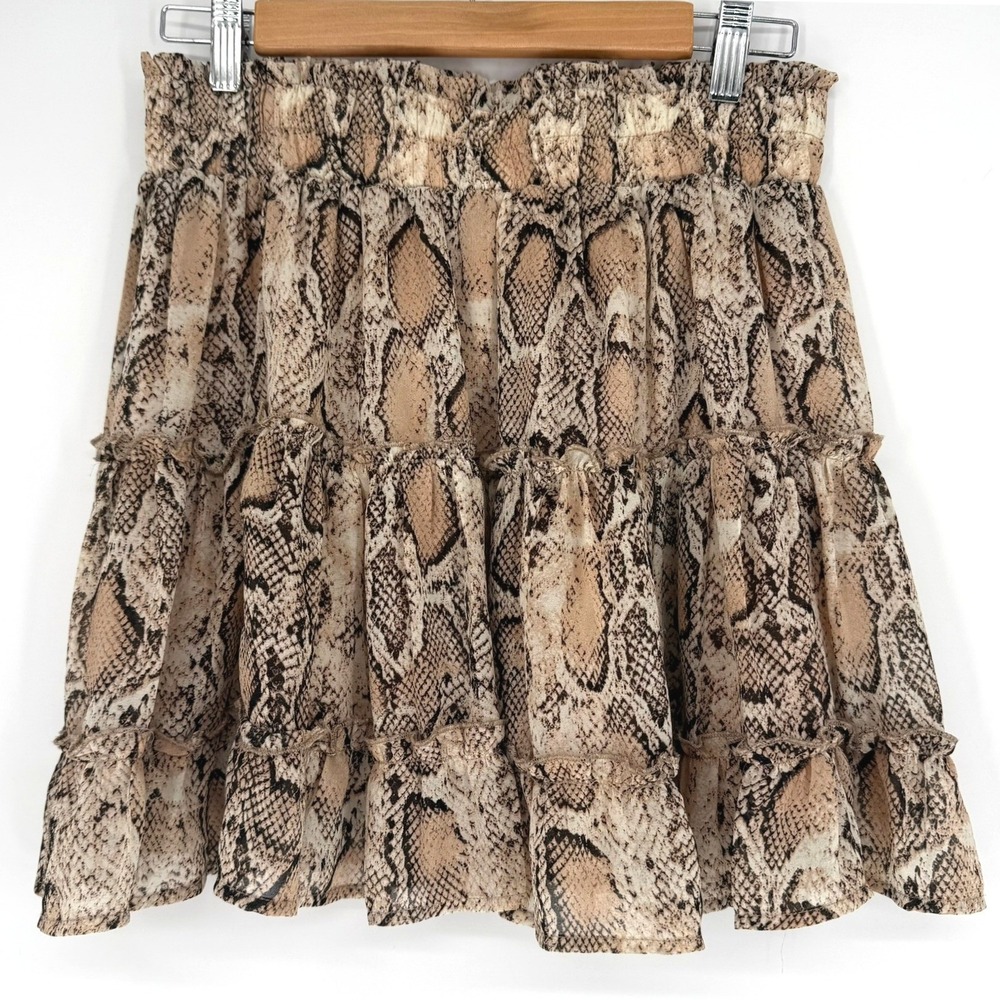 Anthro Entro Snakeskin Print Tiered Mini Skirt Brown Tan Smocked Waist Size M